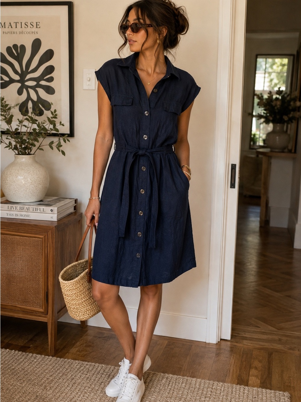 Ellen Tracy Navy Linen Blend Button Front Shirt Dress Size Large